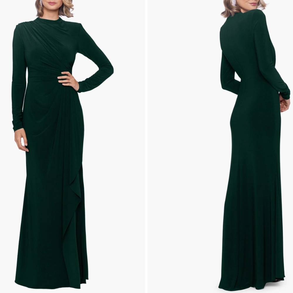 Betsy & Adam Ruffle Long Sleeve Sheath Gown